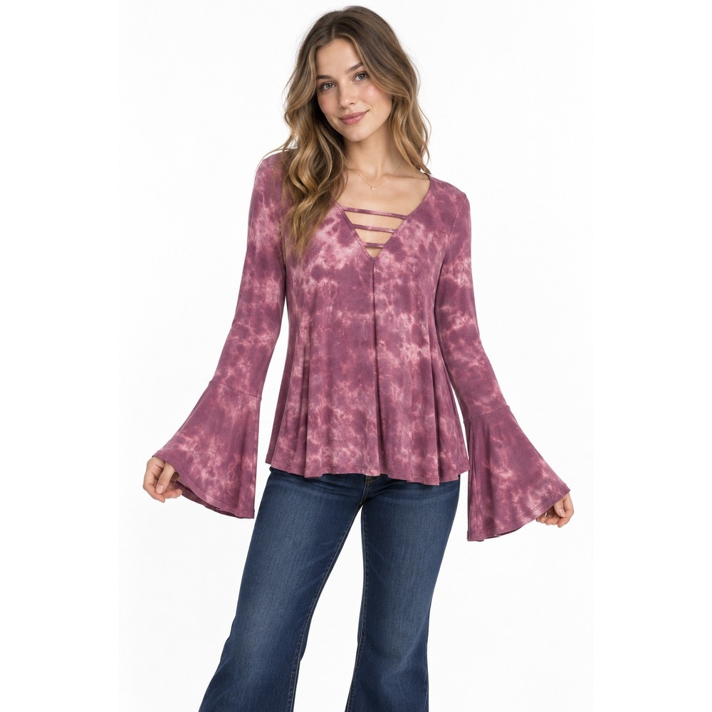 American Eagle Strappy V-Neck Bell Sleeve Top Small Purple Tie Dye Boho Indie